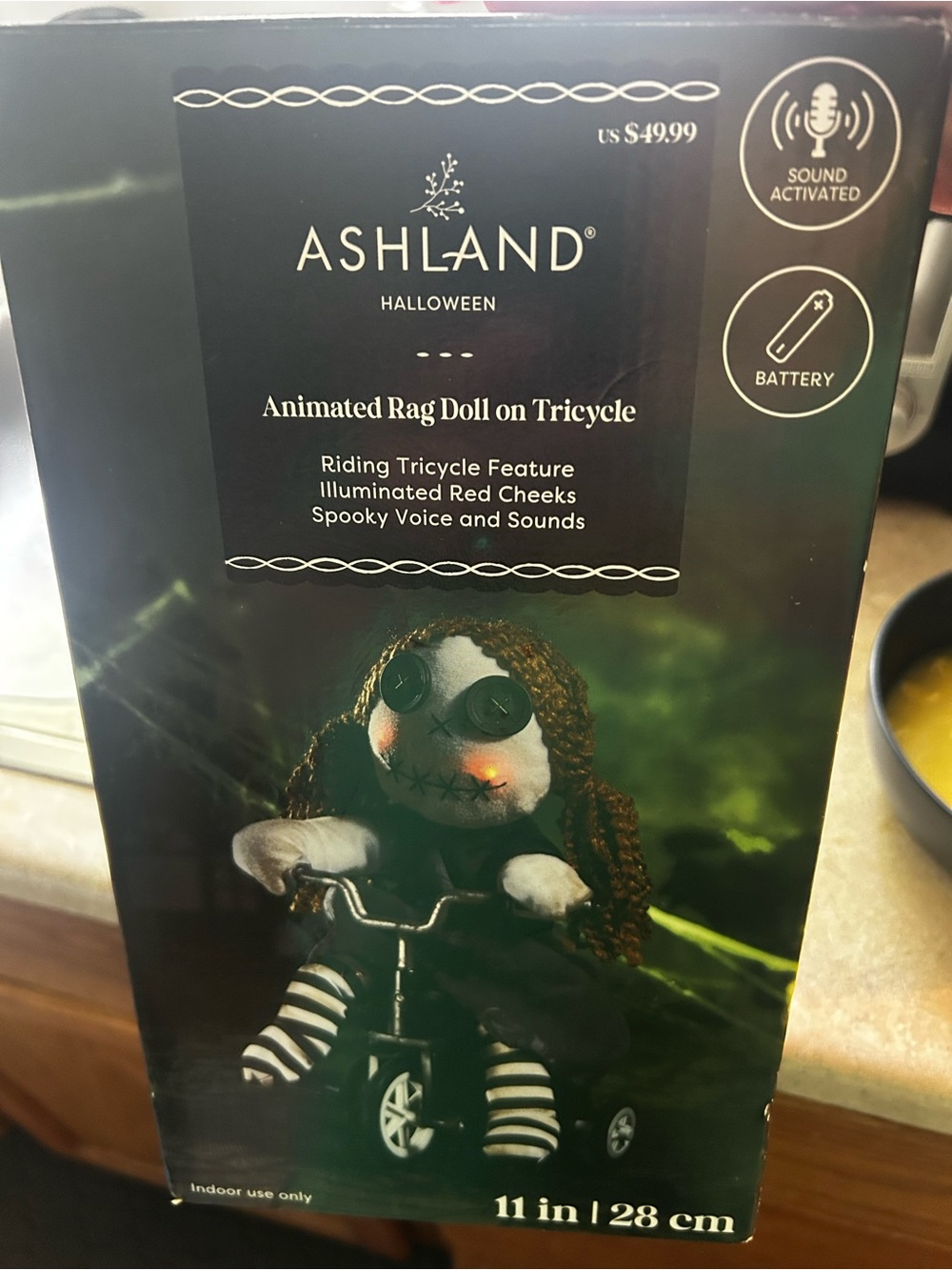 Ashland Halloween Animated Rag Doll on Tricycle - Black, White, Green